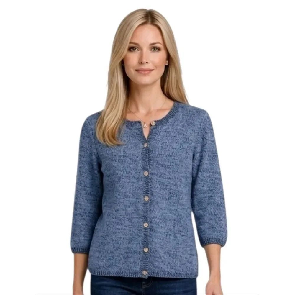 Christopher & Banks Marled Blue 3/4 Sleeve Crewneck Cardigan Sweater Size M